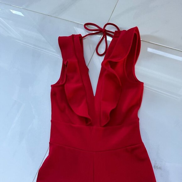 Crave Fame | Red Jumpsuit | Medium | Ruffle Plunge Neckline | Wide Leg - Picture 5 of 16